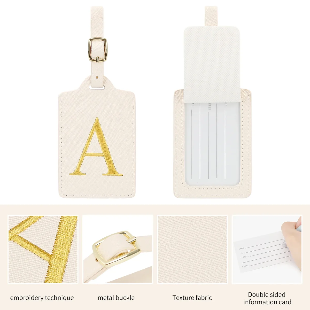 étiquette bagage polyester lettre dorée cuir blanc rectangulaire identification voyage unisexe alphabet fixation anneau métallique