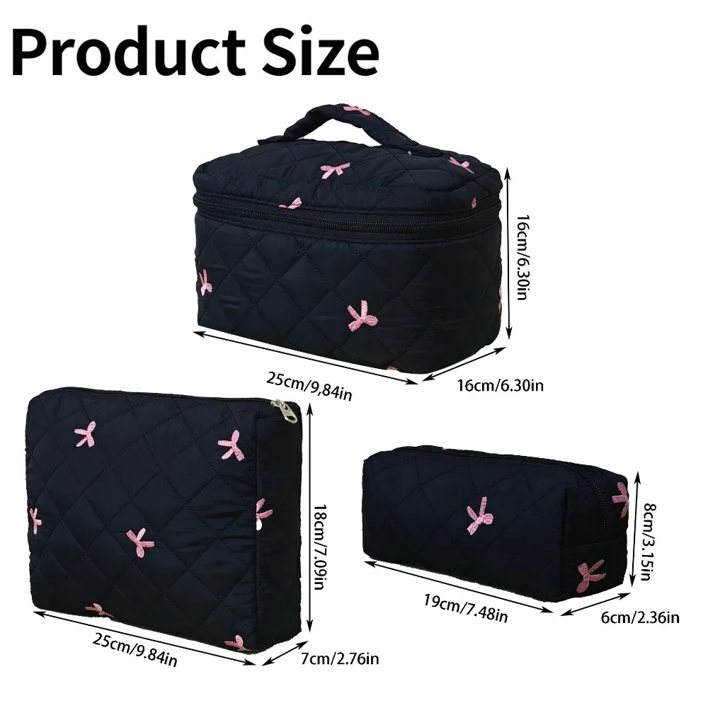 sac de rangement pour femmes, trousse de maquillage portable noire, grande capacité, nœud rose, pochette cosmétique matelassée, sac à main pour dames, articles de toilette de voyage, 2025