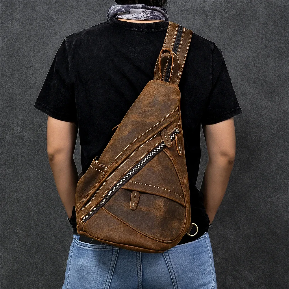 sac à dos de poitrine en cuir véritable pour motard, sacs d'équitation en plein air pour hommes, sacs à bandoulière pour hommes, cuir de vache, initié unique