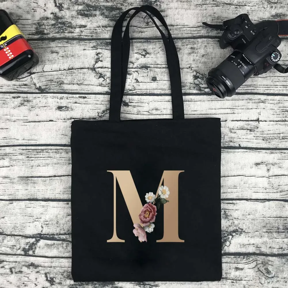 sac de shopping écologique pour femmes, sac à bandoulière portable pliable noir, sac à main réutilisable de grande capacité avec lettres, fourre-tout bolsos