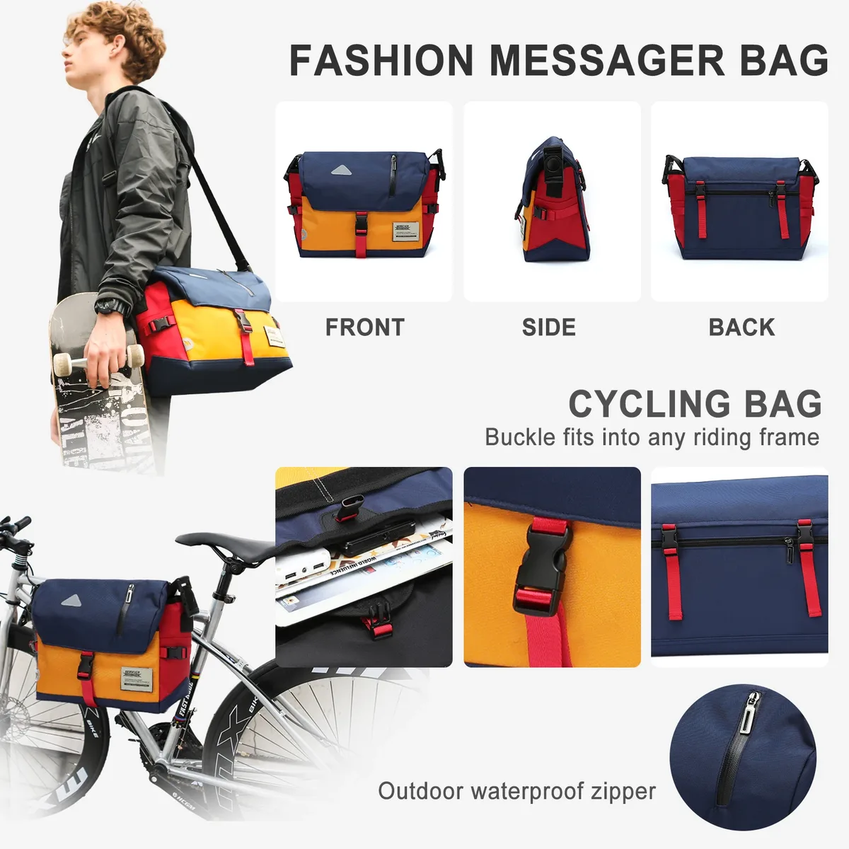 sac messager classique en toile, sac à bandoulière initié par le degré d'eau, sac pour ordinateur portable de 13 pouces pour les voyages, le travail, l'université, le cyclisme