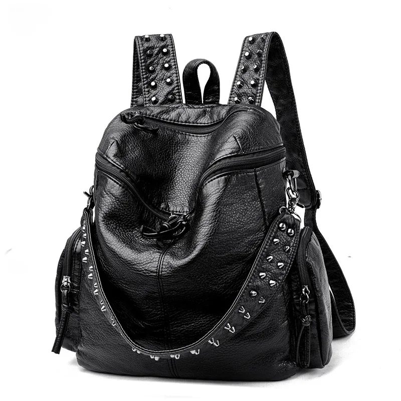 sac dos cuir souple polyester bleu noir gris marron poche ouverte fermeture éclair bandoulière arquée usage voyage femme décontracté