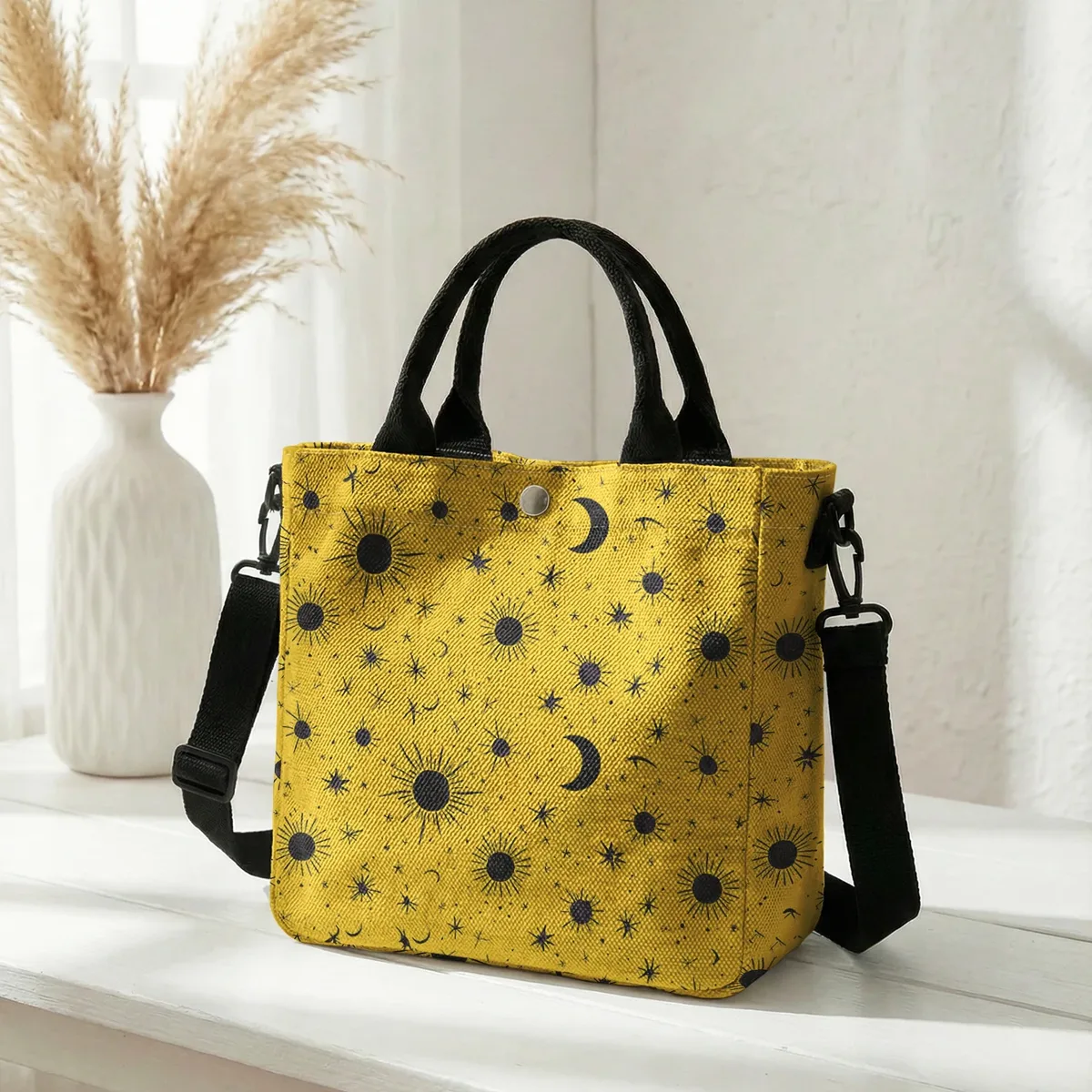 sac fourre-tout violet imprimé soleil, lune et étoiles, avec bandoulière amovible, sac à main pour femme, pour les courses quotidiennes