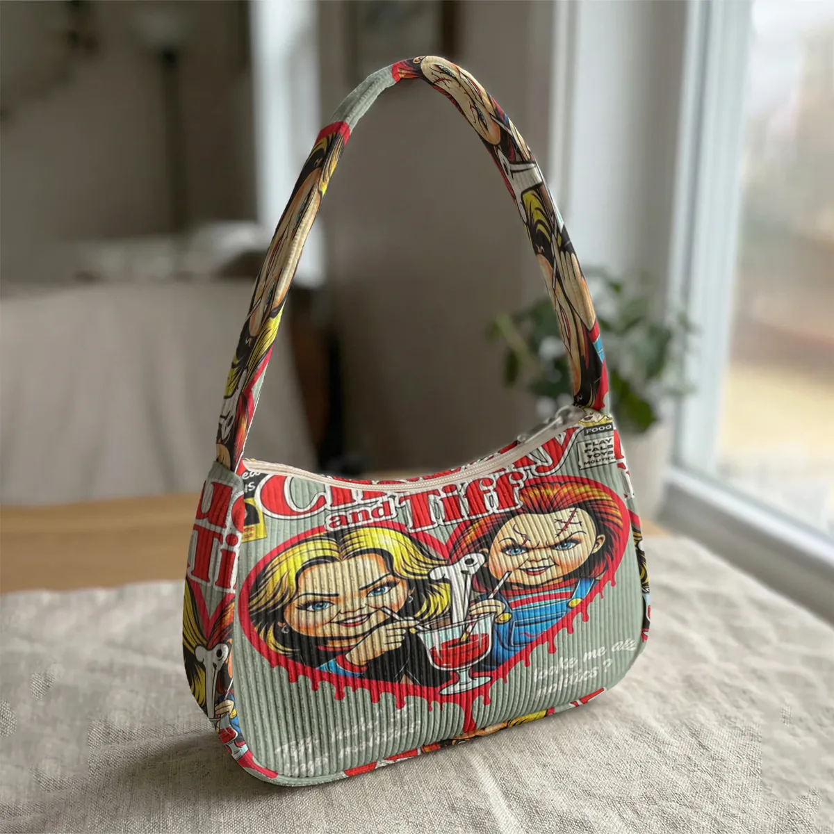 sac à bandoulière tendance imprimé chucky & tiffany, sac sous le bras en velours côtelé pour un usage quotidien décontracté