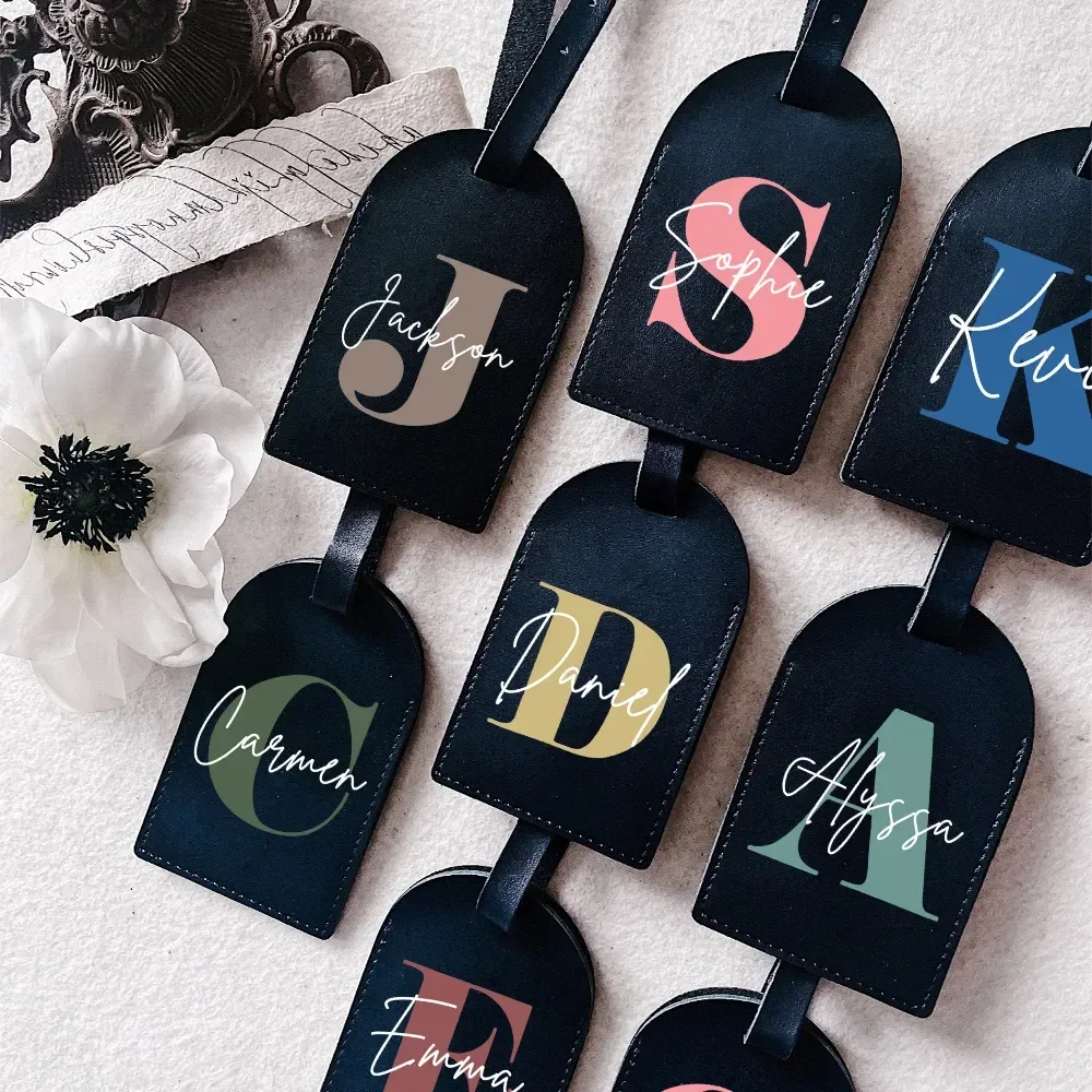 initiale personnalisée avec nom monogramme étiquette de bagage en cuir pu pour valise bagages sac à main étiquettes sac de voyage étiquette meilleur cadeau