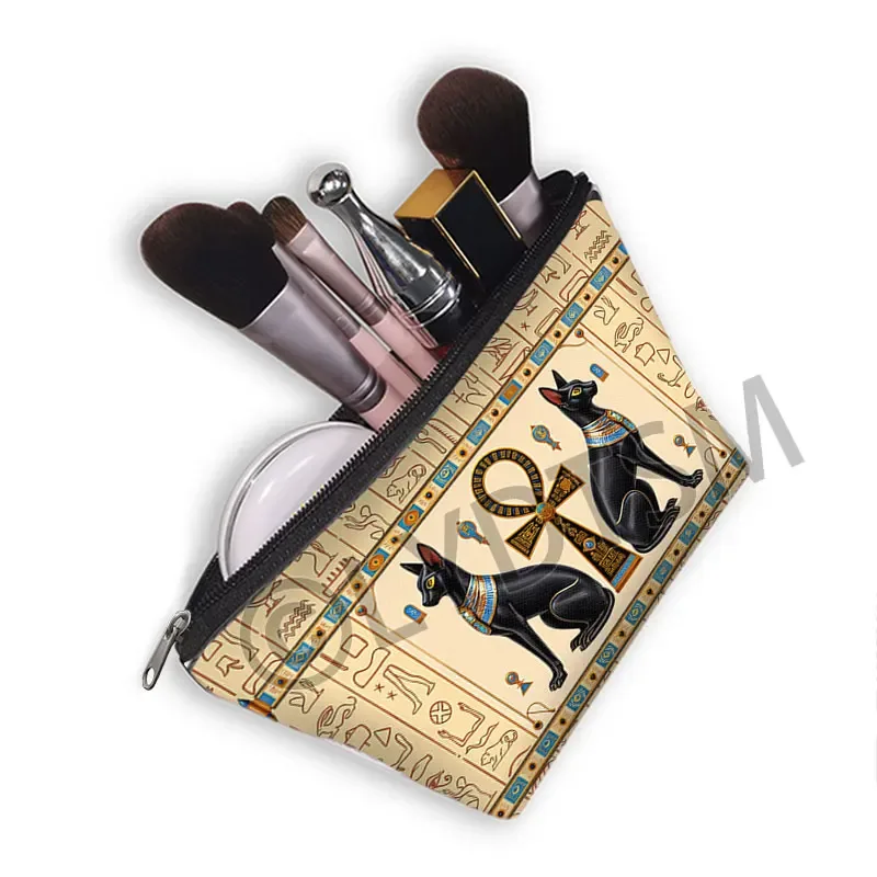 trousse à cosmétiques imprimée chat noir égyptien ancien, sac de maquillage pour femmes, hiéroglyphes égyptiens, croix ankh, rouge à lèvres, serviette, sacs de toilette