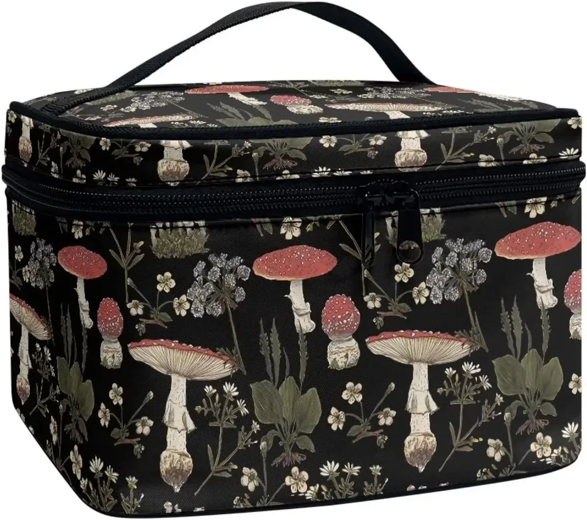 trousse polyester motif floral champignons poignée noire bleu jaune rouge vert voyage maquillage cosmétiques
