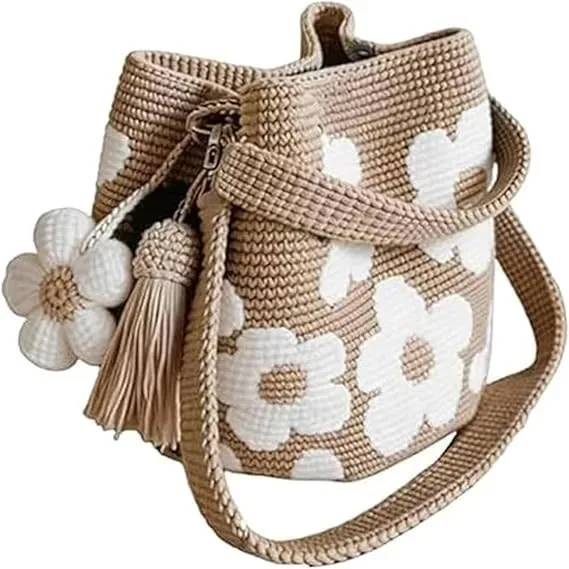 sac fourre-tout en crochet fait main avec fleurs, sac à main floral tricoté, sac de plage tissé style bohème