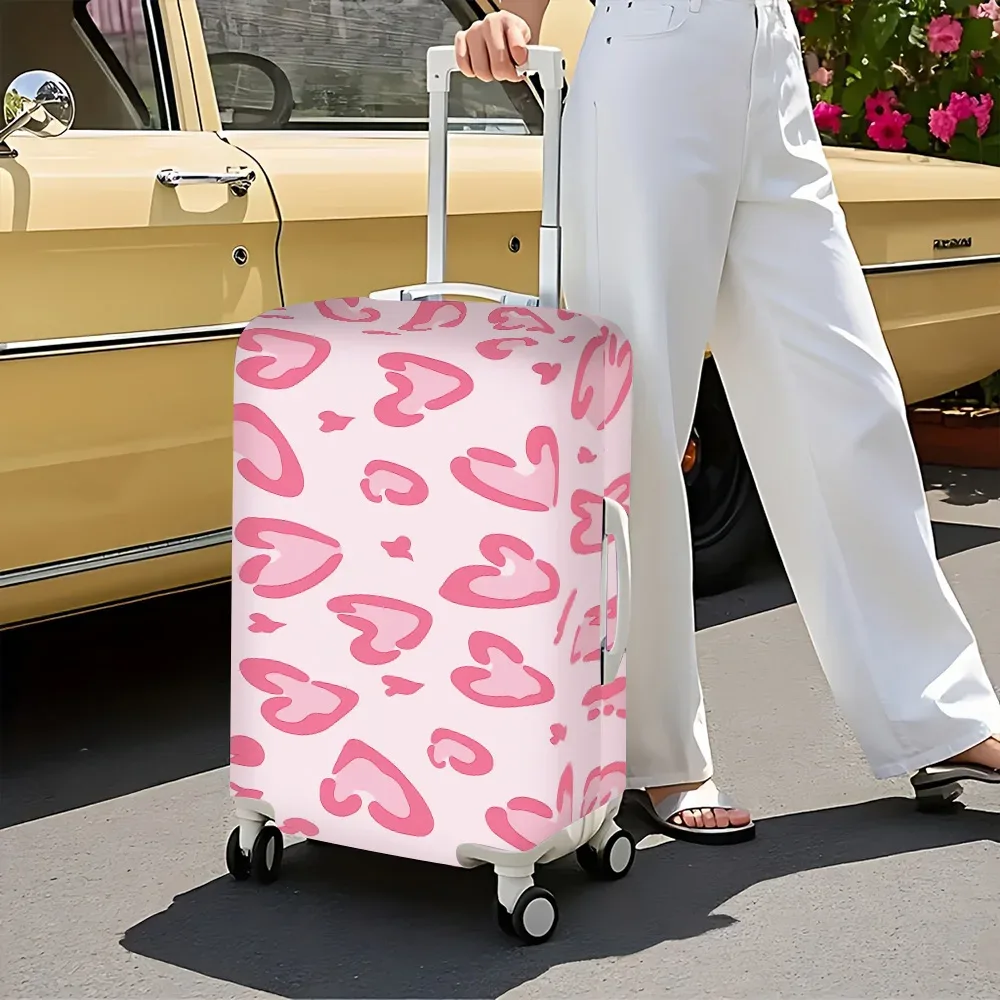 Housse Valise Polyester Motif Coeurs Roses Blanc Protection Voyage Accessoires Anti Poussière Élastiques Compact Trajet Longue Durée