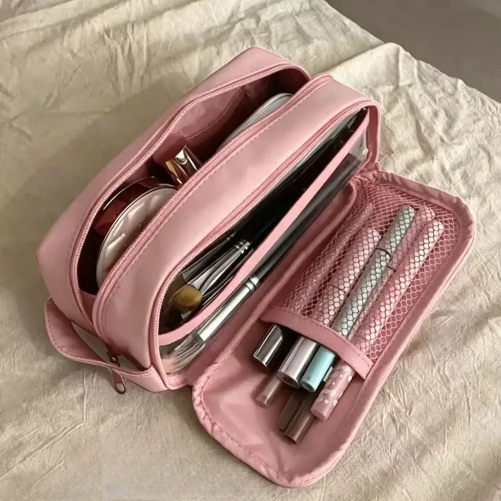 sac à cosmétiques double couche en nylon, organisateur de maquillage de voyage, trousse de toilette de grande capacité, trousse à crayons multifonction, porte-pinceaux