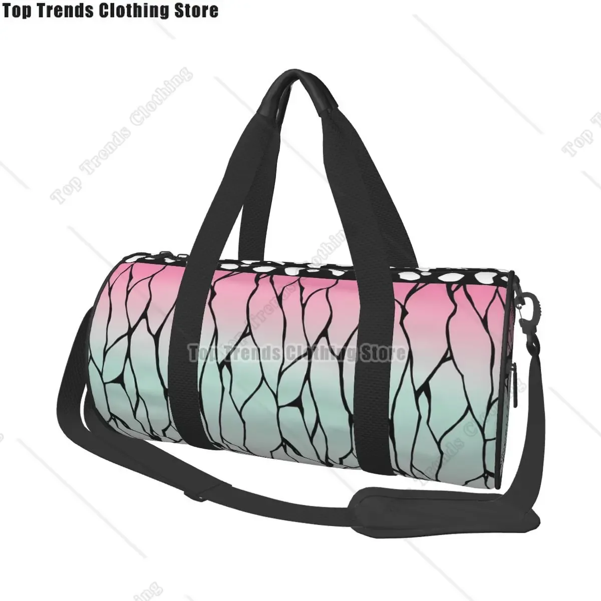 sac voyage polyester motif lignes noires couleurs pastel rose vert bleu poignée bandoulière supérieure ajustable format sport rond usage week-end fitness