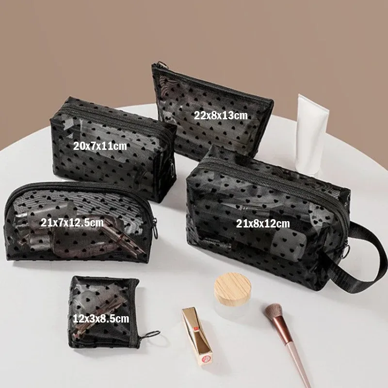 sac de maquillage en maille transparente en forme de cœur, pochette de rangement de cosmétiques portable multifonction pour femmes, sacs de rangement de rouge à lèvres de toilette pour dames