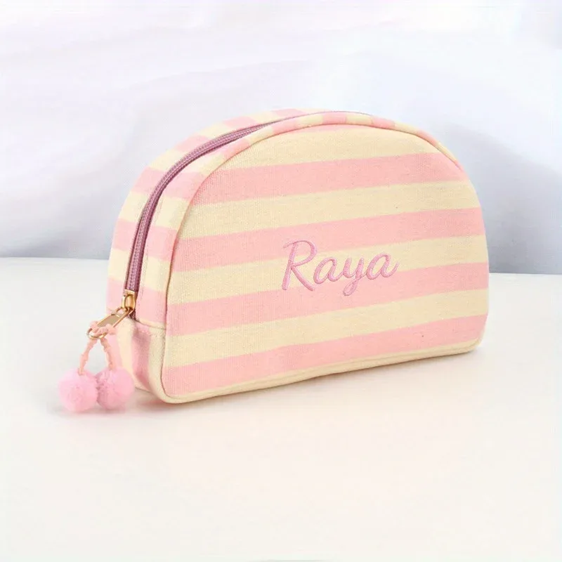 pochette de maquillage rayée brodée sur mesure, nom personnalisé, organiseur de toilette de voyage coloré, essentiels pour demoiselles d'honneur, pochette pour les vacances