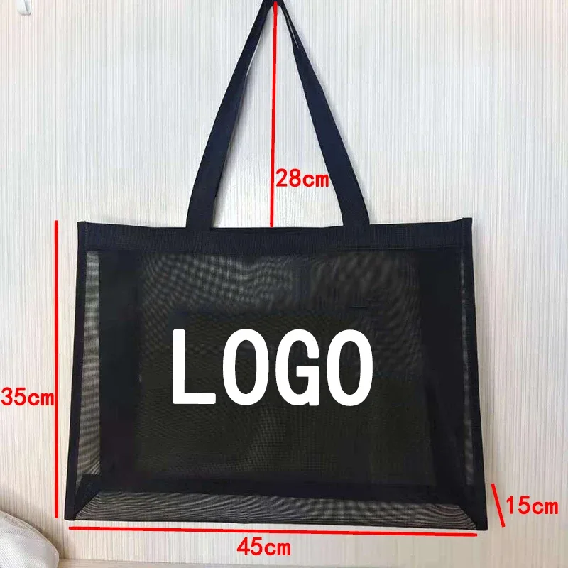 sac à provisions en maille de nylon avec logo personnalisé, sac de grande capacité, sac de voyage de plage respirant, transparent, personnalisé, initié, stockage clo