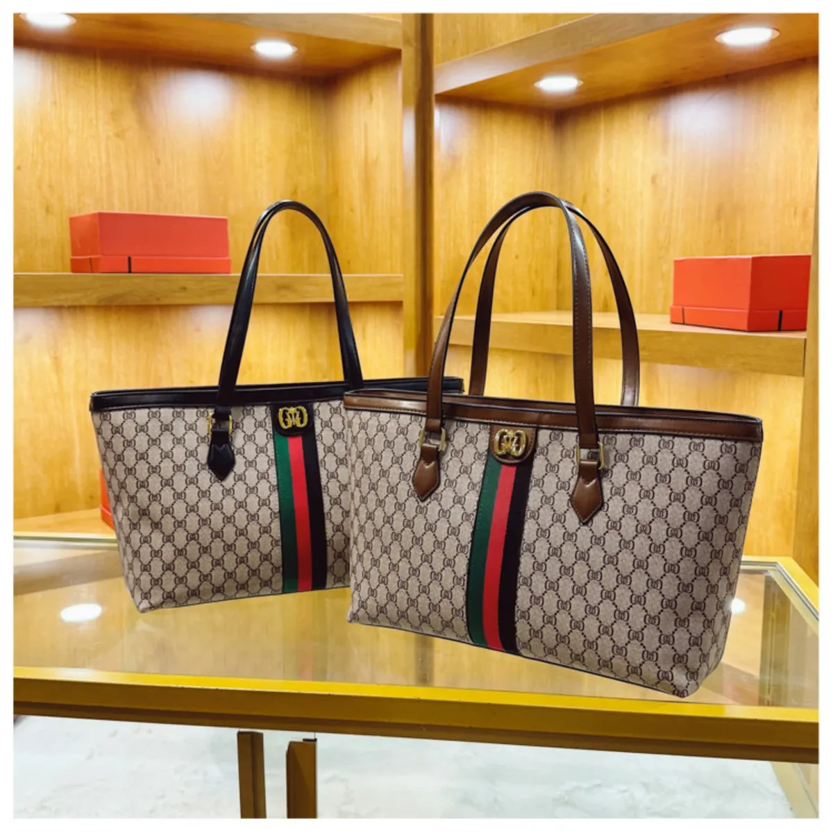 nouveau sac à main de luxe pour femme, motif floral café, avec design rayé rouge et vert, en cuir souple, grande capacité, sac sous le bras, tendance