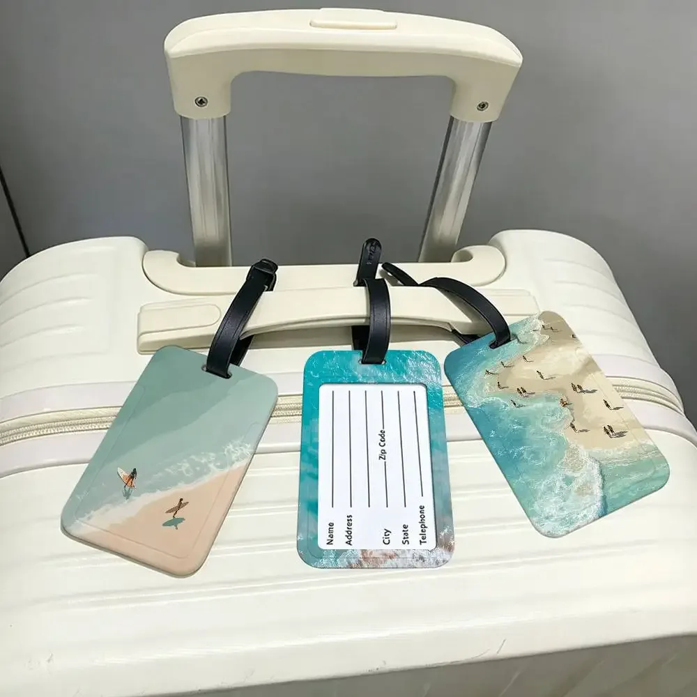 étiquette de bagage en pvc avec carte d'informations, motif mer, océan, bateau, art mural, étiquette anti-perte pour valise, sac à dos, accessoire de voyage