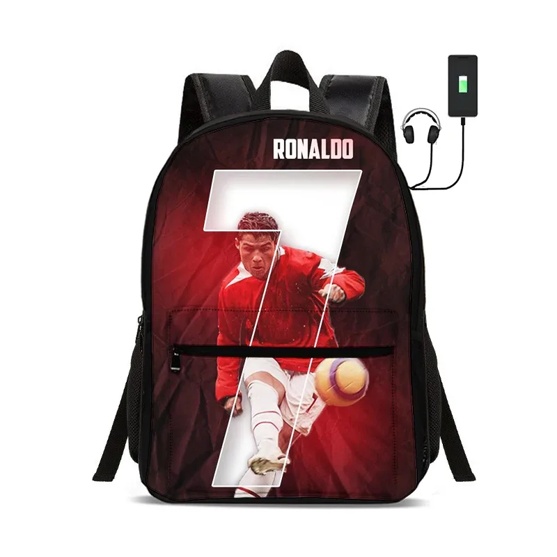 sac à dos de star du football avec interface usb, sac à dos ronaldo pour étudiants, sac à dos pour garçons et filles, meilleur cadeau