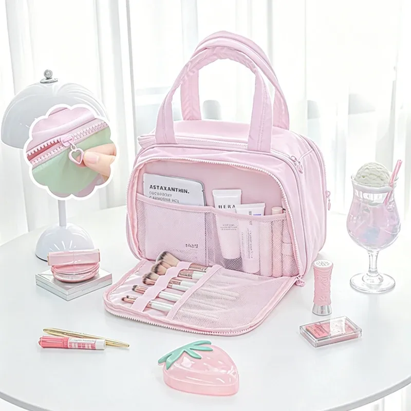 sac de maquillage coloré multifonctionnel de grande capacité, plusieurs compartiments pour le rangement, nouveau sac à bandoulière d'été doux et mignon pour femmes