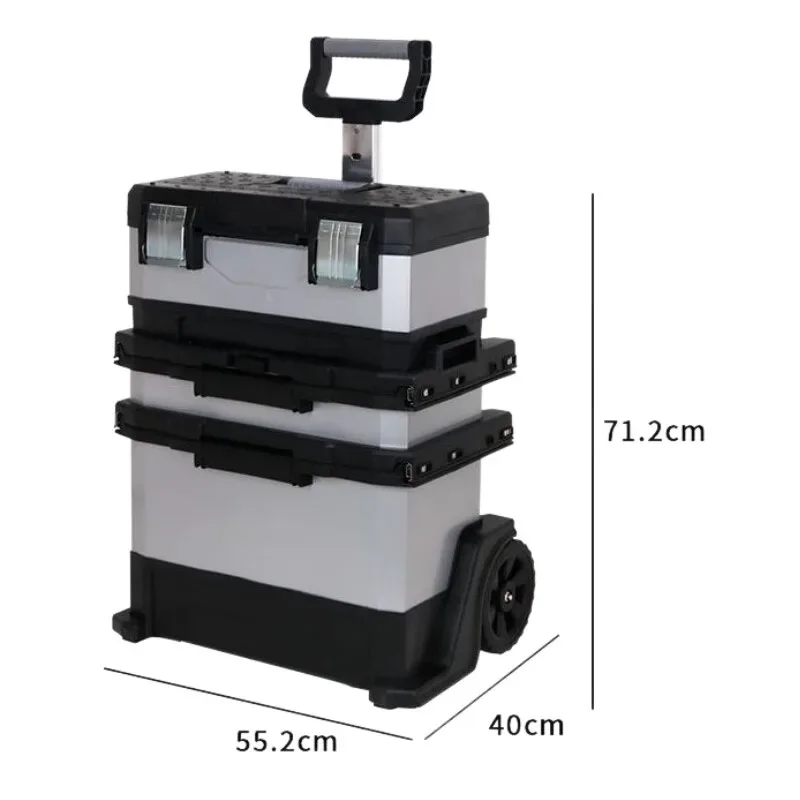 valise aluminium grise roulettes fixes poignées bleues compartiments superposés transport voyage travaux hausse atelier