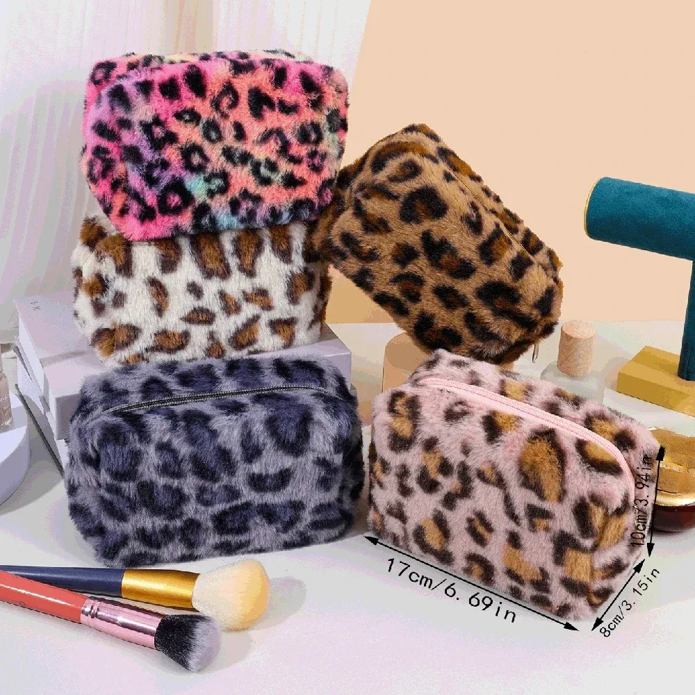sacs de maquillage en peluche léopard pour femmes, sac à cosmétiques de voyage souple, étui de rangement pour dames et filles, étui de maquillage, sacs à main nécessaires