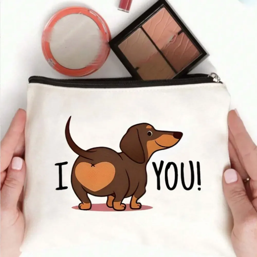trousse de maquillage amusante en forme de derrière de teckel – adorable chiot marron avec « i you ! » sac à main mini sans fermeture éclair pour femmes, taille s, pour enseignantes