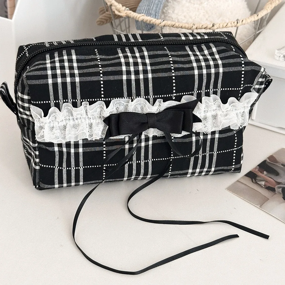 sacs à cosmétiques en toile avec nœud en dentelle pour femmes, pochette portable pour dames, étui de maquillage pour rouge à lèvres, sac de rangement à la mode
