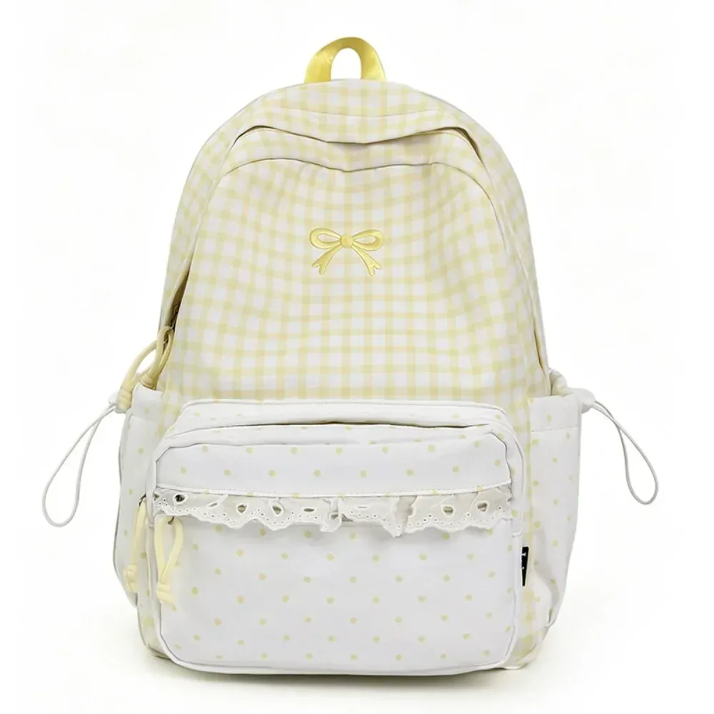 sac à dos tendance à pois, à carreaux, avec nœud et bordure en dentelle, durable et léger, idéal pour les étudiants et l'utilisation en extérieur.