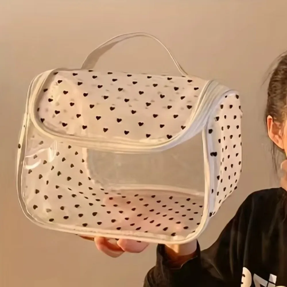 sac de maquillage portable grande capacité en maille, motif cœur, avec fermeture éclair, organiseur de toilette, sac de rangement transparent pour extérieur