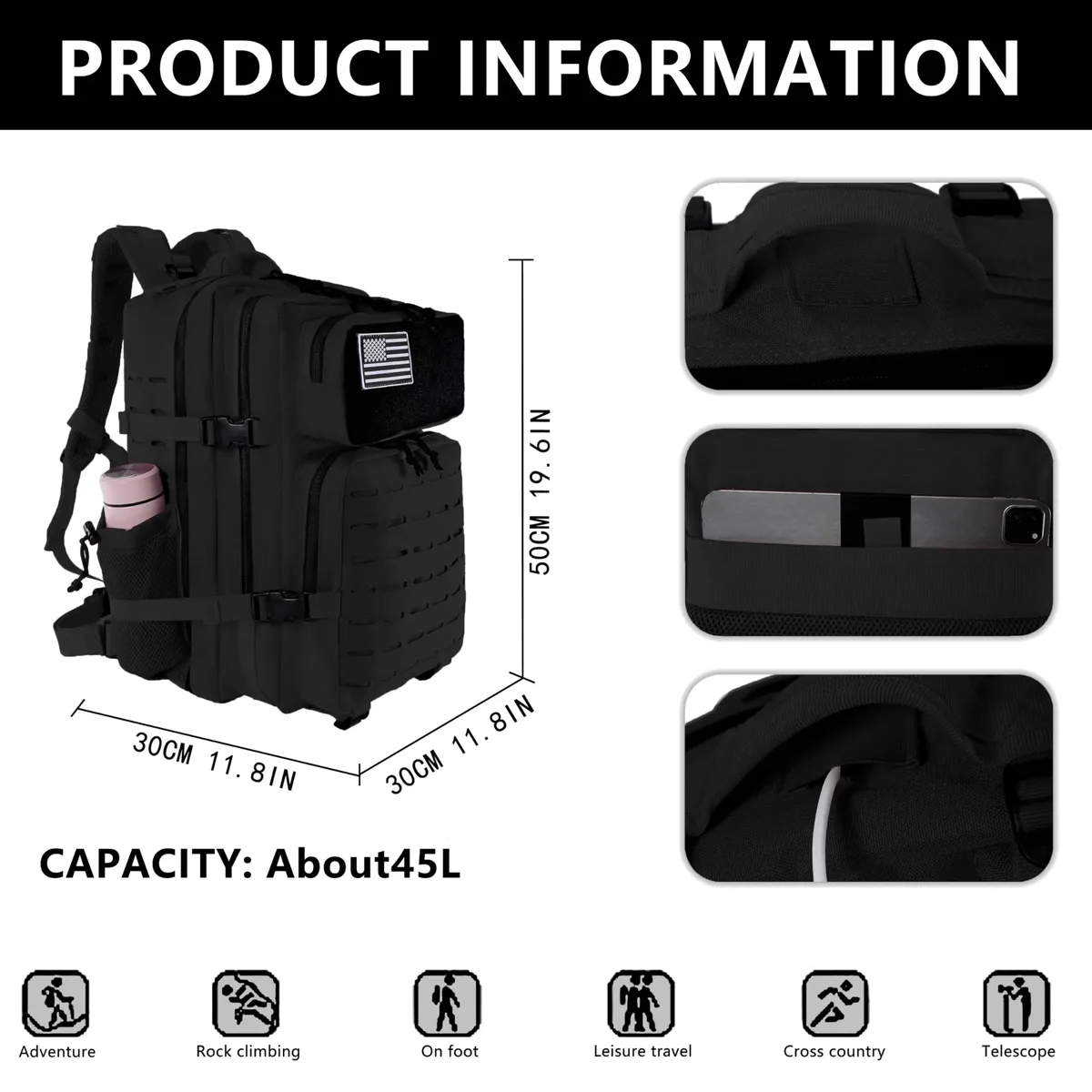 sac dos polyester noir poche ouverte fermeture éclair cadre externe compartiment informatique usage voyage extérieur