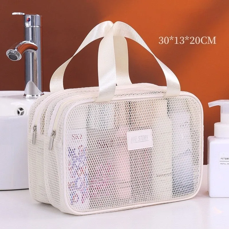 sac de maquillage de voyage en maille double couche, pochette cosmétique à grande capacité, organisateur pliable pour les articles de toilette des femmes en vacances