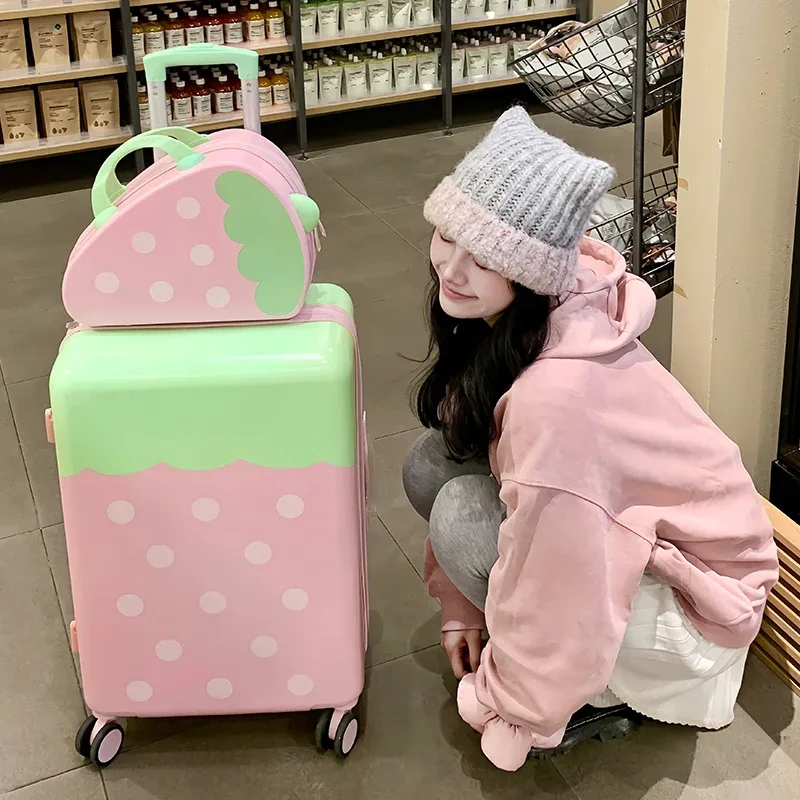 valise fraise 2026 nouveau ensemble de bagages à roulettes en pc, valises de voyage robustes et durables pour étudiants, bagages 20/24/26 pouces pour femmes