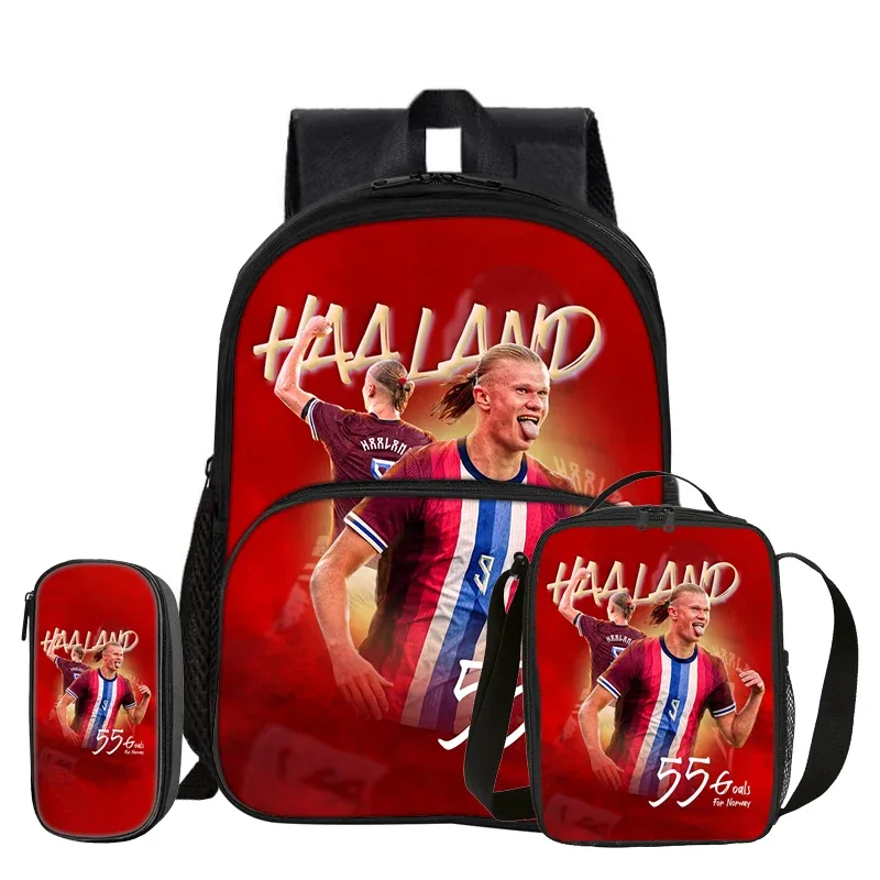 sac dos nylon bleu motifs football erling haaland grand bandoulière arquée sac déjeuner pochette enfant usage voyage