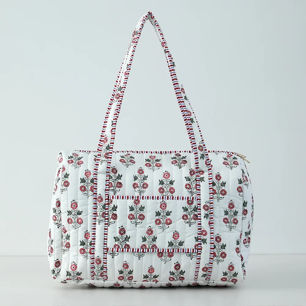 grand sac de voyage matelassé pour femmes, sac de week-end, imprimé bloc floral, bagages en coton, sacs de sport de nuit