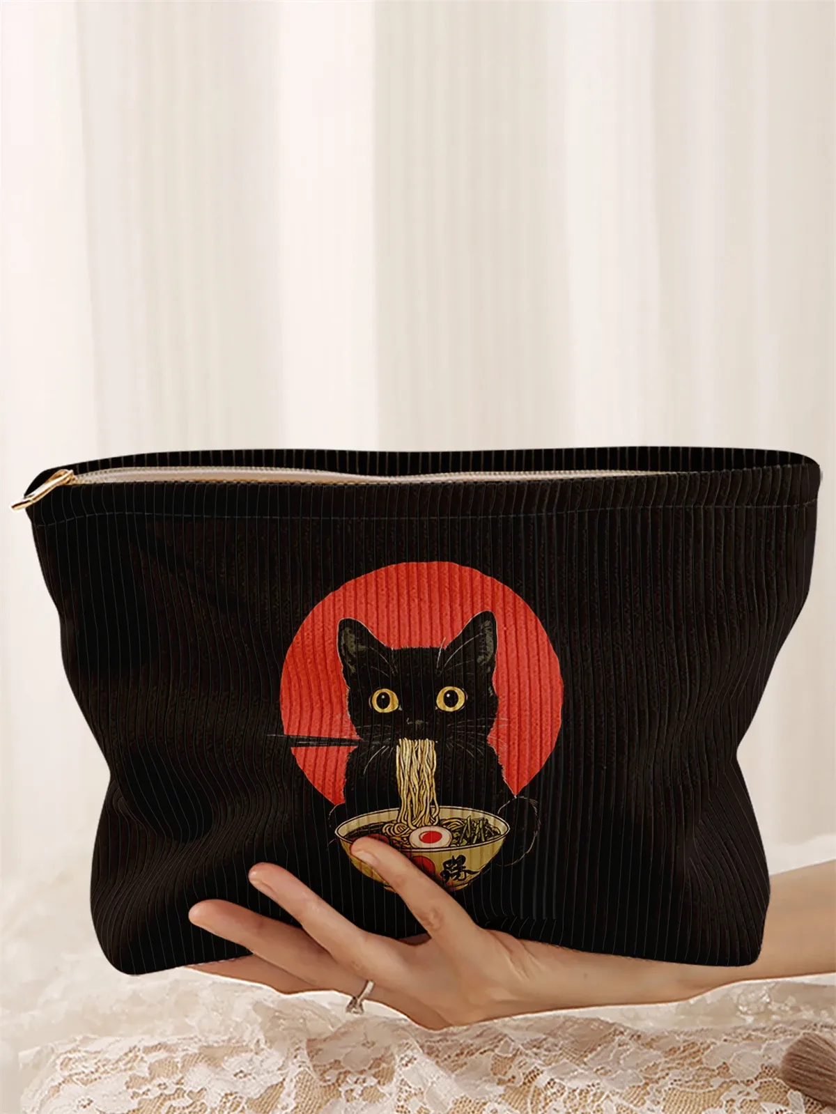 1 trousse de maquillage en velours côtelé imprimée à motif de chat noir, boîte de rangement de maquillage légère à fermeture éclair, sac multifonctionnel avec doublure