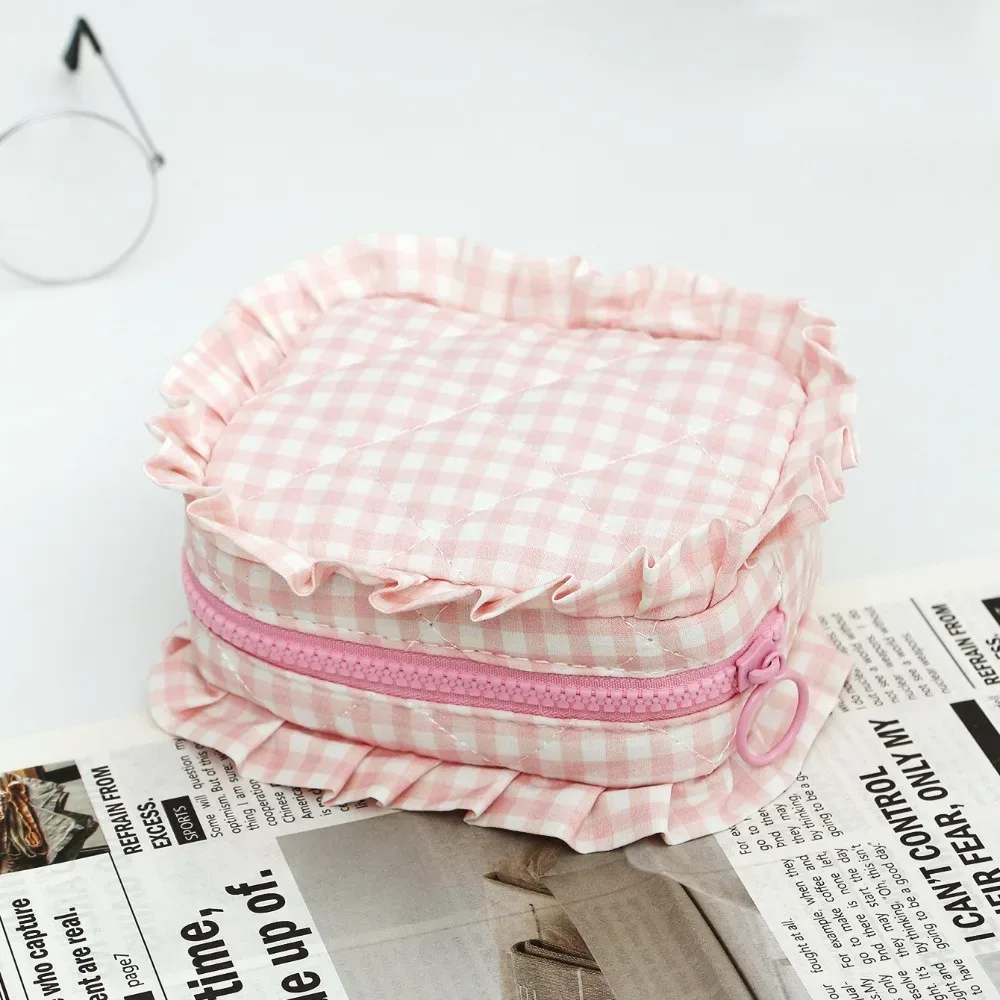 sac de maquillage portable, design matelassé, motif à carreaux, sac de rangement pour pinceaux de maquillage avec fermeture éclair, sac de toilette multifonctionnel pour les voyages
