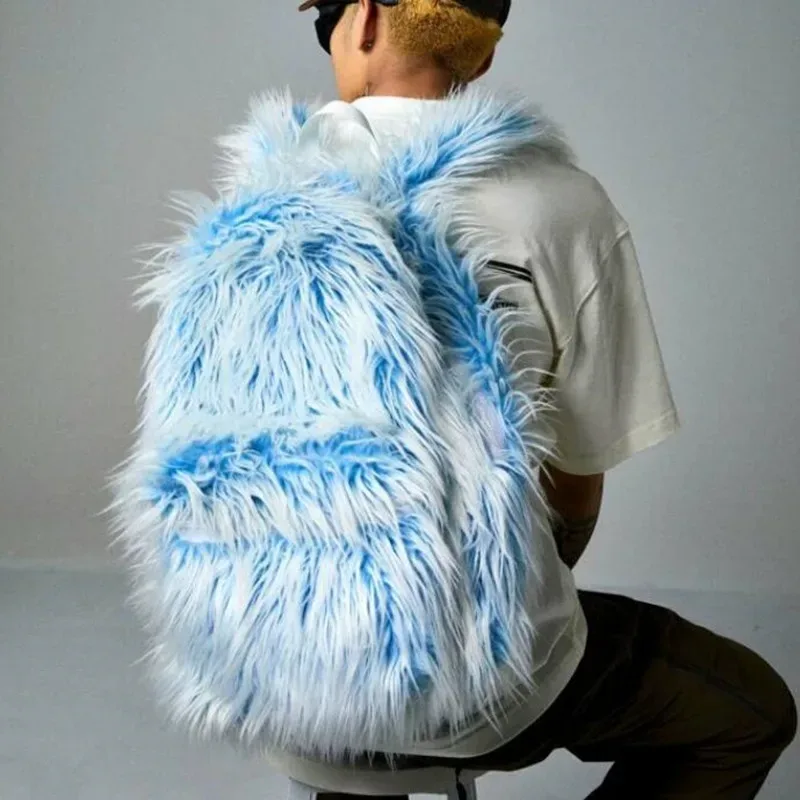 Sac Dos Polyester Fourrure Synthétique Bleu Rose Voyage Ecole Université Travail Bandoulière Arquée Poche Intérieure Fermeture Éclair