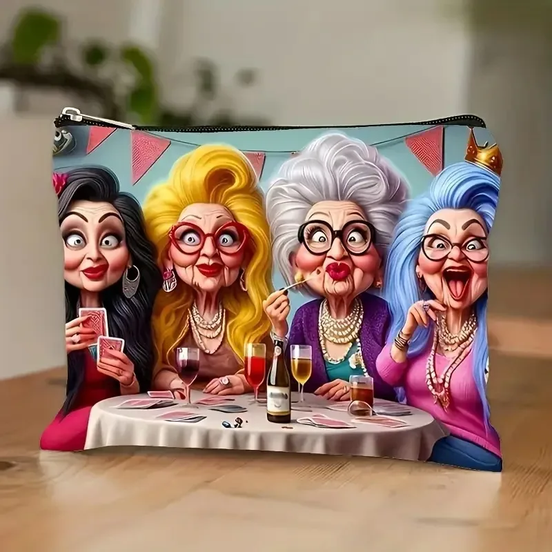 nouvelle trousse de maquillage en toile imprimée avec motif de femme âgée amusante, trousse à crayons pour étudiants, trousse de toilette portable, sacs de toilette, sacs en toile