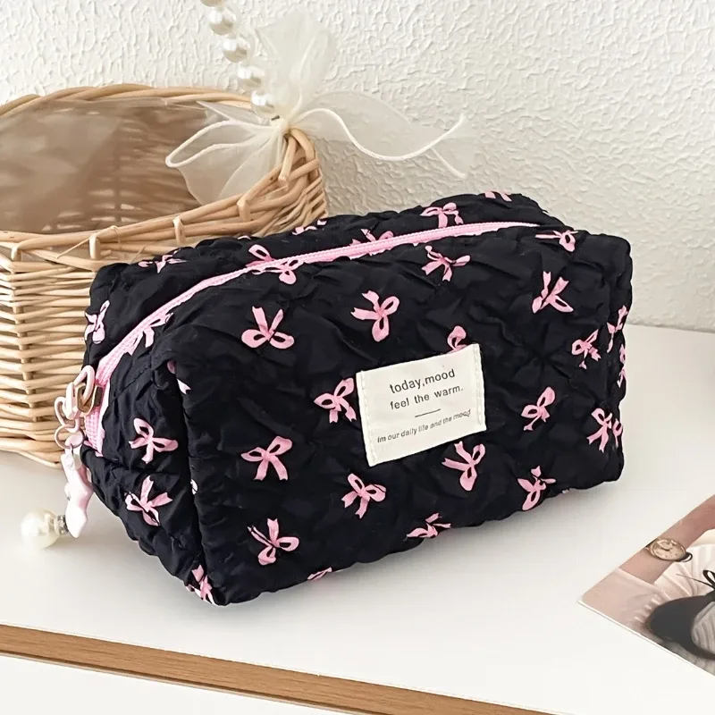 pochette carrée pour femmes, sac de maquillage, portable, mignon, pochette de rangement de cosmétiques et de toilette, sac à main imprimé avec nœud, sac à fermeture éclair