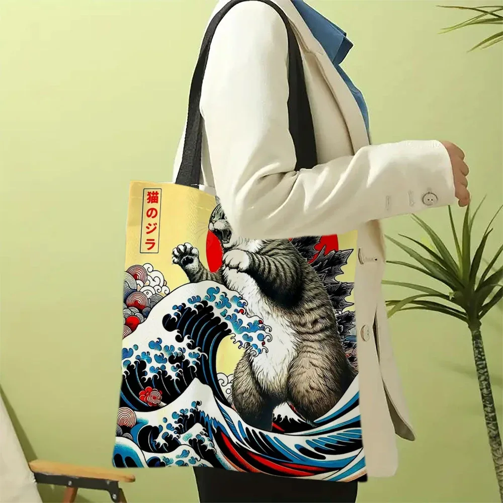 catzilla sac fourre-tout d'art japonais sac de plage de shopping à bandoulière réutilisable pour les femmes, sac de transport décontracté durable