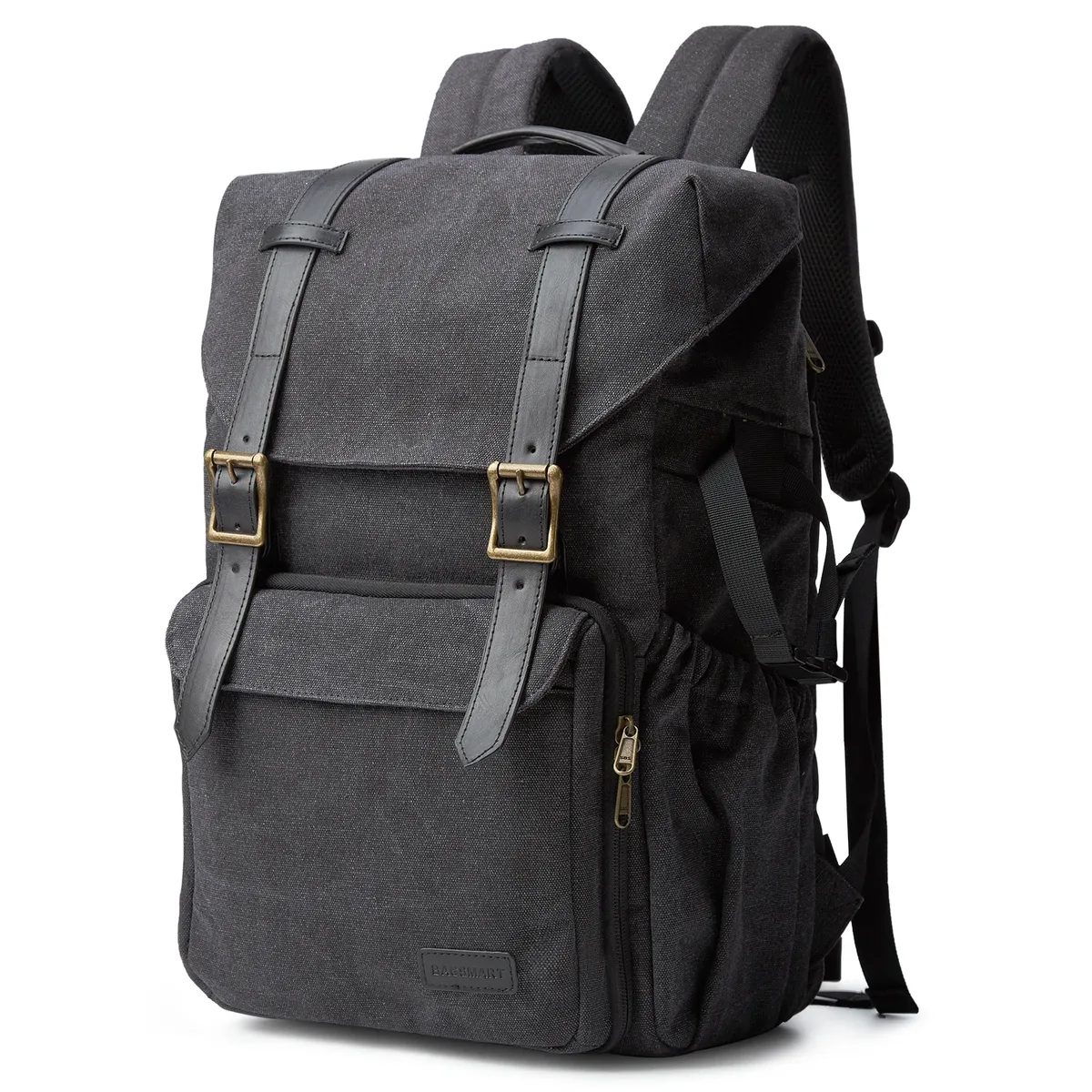 sac dos toile noire bandes grises boucles dorées poche limon cadre externe voyage photo ordinateur portable trépied