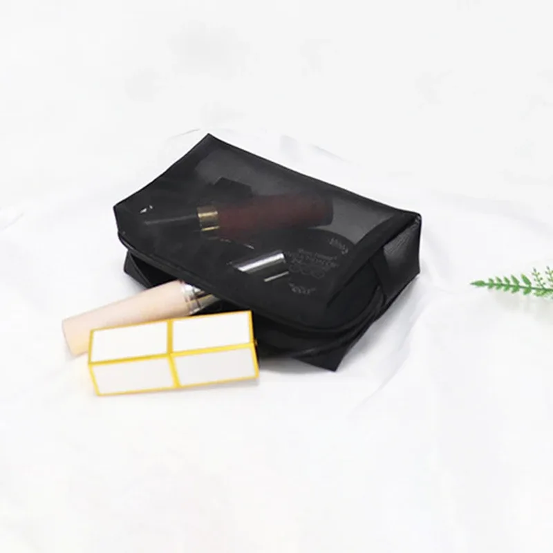 sac de voyage en maille noire pour cosmétiques, trousse de maquillage portable avec fermeture éclair pour femmes, trousse de toilette, organisateur de maquillage, pochette de rangement portable