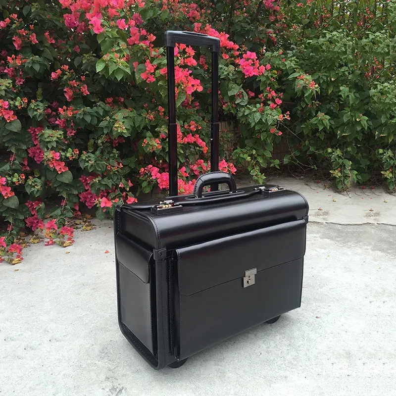 captain pilot – valise de vol en cuir véritable 18/19 pouces, valise à roulettes, étui à air pour agent de bord, avocat, caisse d'enregistrement des affaires