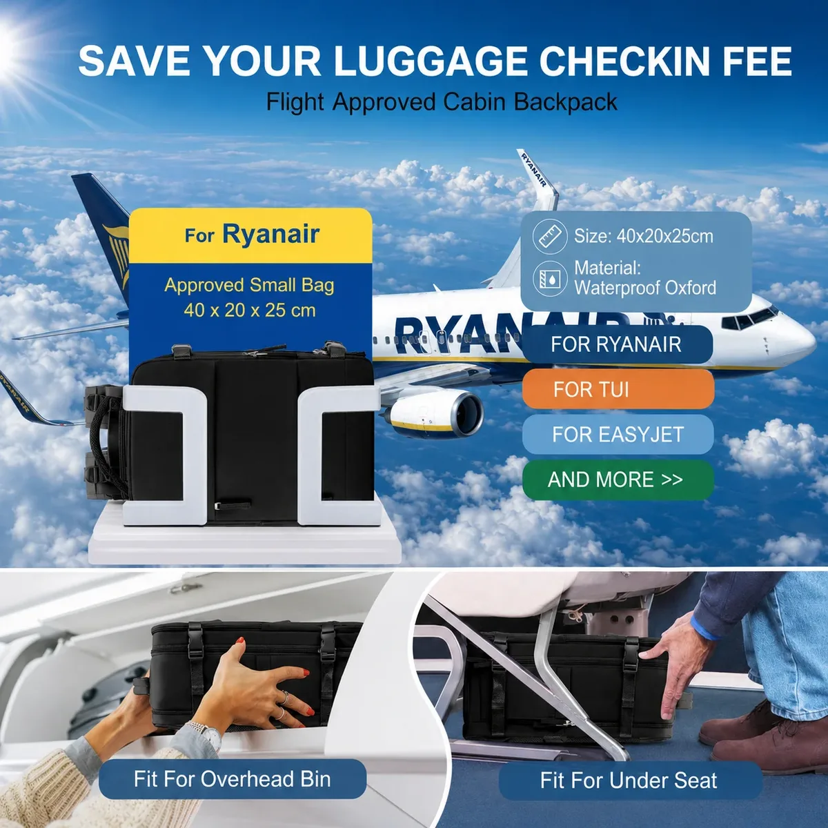 nouveau sac à dos de voyage ryanair 40 × 20 × 25 cm, sac de cabine sous siège, approuvé par les compagnies aériennes, sac à dos décontracté pour femme, sac de voyage pour week-end professionnel avec port usb et compart