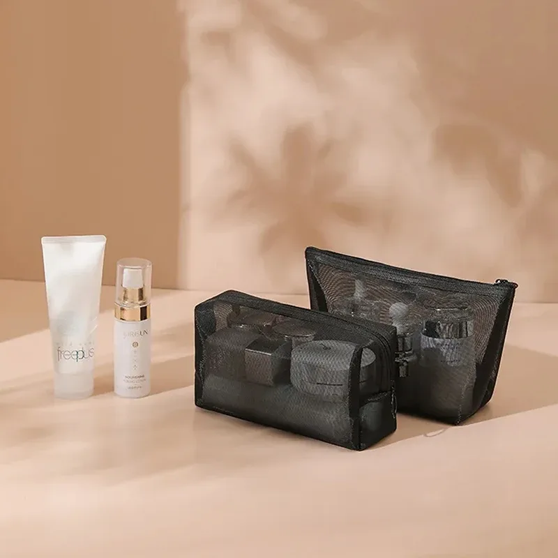 sac de maquillage en maille transparente, petit et grand, noir, sac de maquillage portable, sac de rangement pour toilette de voyage, sac de rangement pour rouge à lèvres