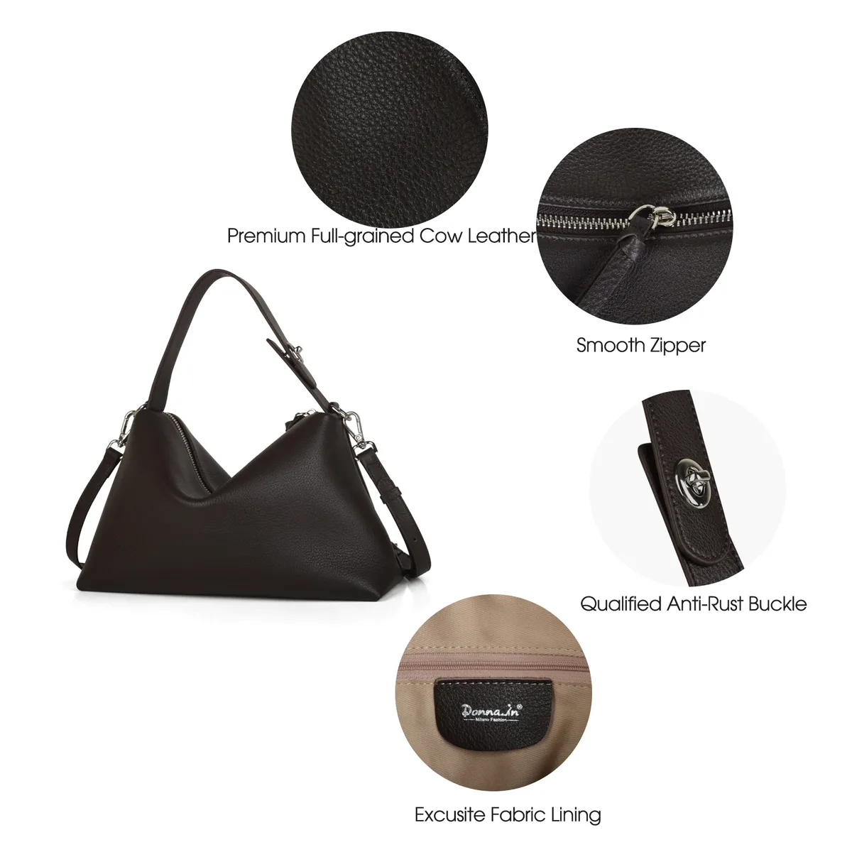 donna-in – sac à main demi-lune en cuir de vache véritable pour femmes, sac à bandoulière hobo en cuir de vache naturel pleine fleur, pour les affaires quotidiennes