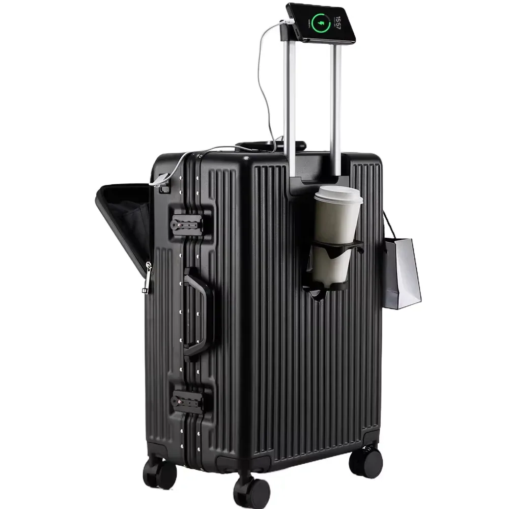 valise de cabine à roulettes avec cadre en aluminium, porte-gobelet usb, ouverture frontale et roues à frein pour une navigation aisée