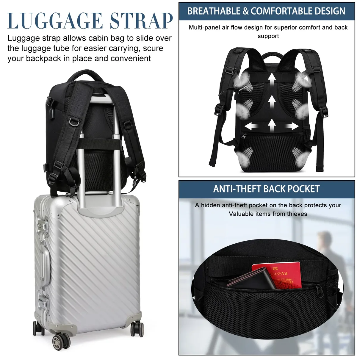 geestock ryanair 40x25x20 sac à dos avion sac à dos de voyage multifonctionnel bagage de cabine étanche 14 "sac à dos pour ordinateur portable