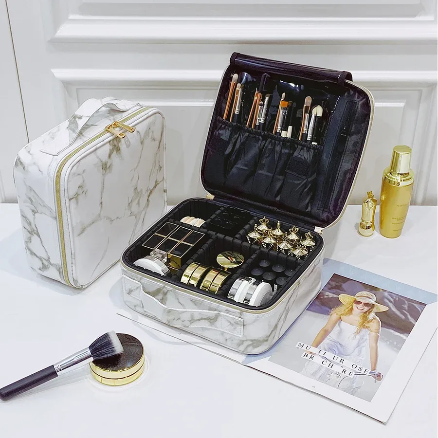 sac de rangement cosmétique professionnel en pu imperméable, sac à main de maquillage, sac de voyage, trousse de maquillage, bureau d'évaluation, marbre