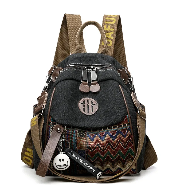 sac à dos en denim pour femmes, grande capacité, broderie vintage, sac à bandoulière multifonctionnel, 1 pièce