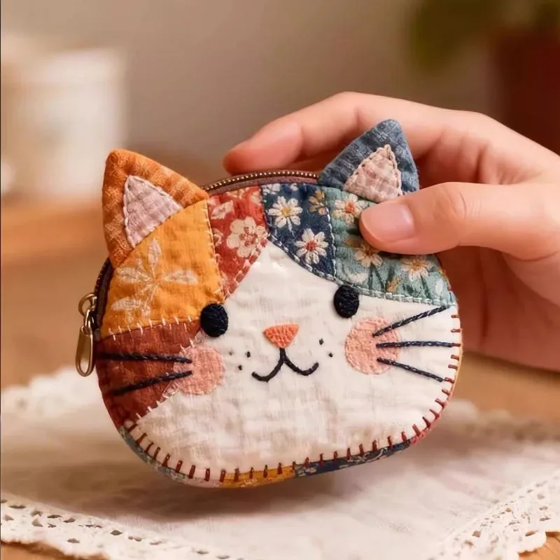 Porte-monnaie pour chat de style japonais avec blocs de couleur, trousse de maquillage mignonne et élégante, sac de rangement pour fournitures scolaires, avec ensemble de règles, organisateur portable de petits objets à motif de dessin animé, rangement pour cosmétiques